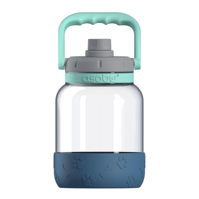 Asobu Barkley Dog Bottle with a clear, lightweight tritan body, light teal ergonomic handle, gray screw cap, and detachable dark blue silicone dog bowl base embossed with paw prints and bones, designed for dog travel hydration.