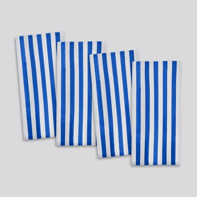 Mainstays Cabana Stripe Decorative Beach Towels, 4-Pack, Blue, showing four folded 100% cotton towels with vertical blue and white cabana stripes, each measuring 30 by 60 inches, arranged side by side on a light gray background, soft and absorbent for beach, pool, or backyard use, machine washable and OEKO-TEX® certified.
