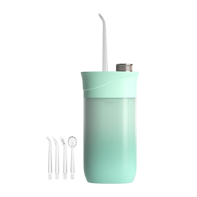Water Flosser Cordless Oral Irrigator IPX7 Waterproof Cordless Teeth Cleaner with 3 modes and USB rechargeable design. Features a green ABS body with a 200mL capacity and includes 4 spray nozzles: 3 for teeth cleaning and 1 tongue scraper. The 360° rotatable nozzle allows for easy access to hard-to-reach areas. Lightweight and portable, ideal for home, travel, or office use. Comes with a USB cable and user guide.