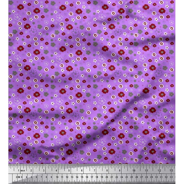 Soimoi Purple polyester Crepe Fabric Flower Artistic Print Sewing Fabric Yard 52 Inch Wide