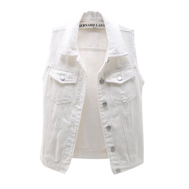 Denim Vest for Women Plus Size Casual Button Down Solid Color Ripped Crop Jacket Vest Waistcoat Streetwear
