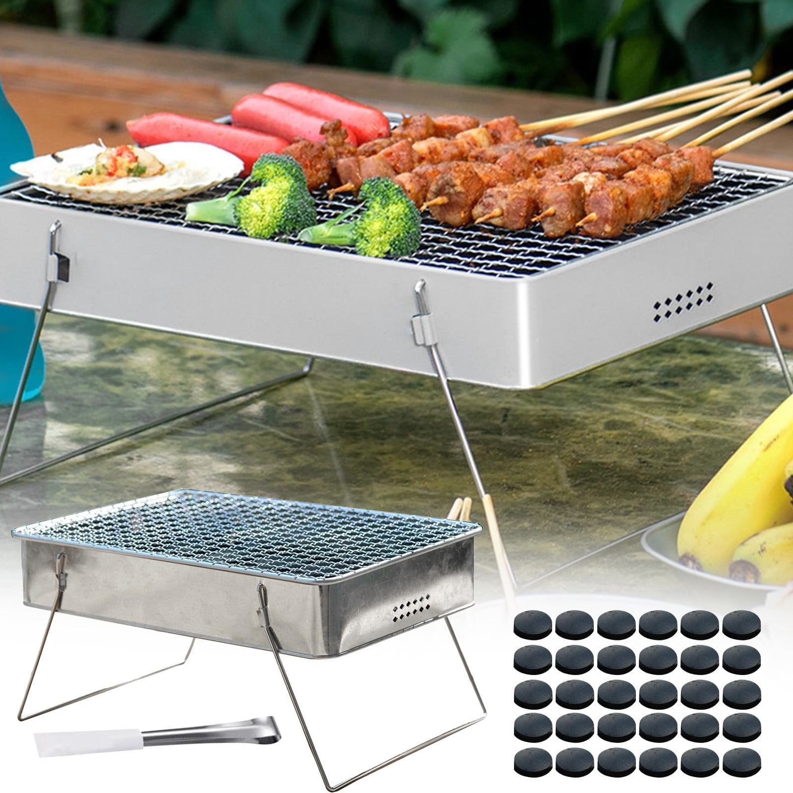 Iodue Barbecue Grills Foldable Compact Vent Holes BBQ Grill Portable Camping Grill Quick Grill Large Household Disposable Barbecue Stove Camping Hiking Travel Picnic BBQ Supplies Silver