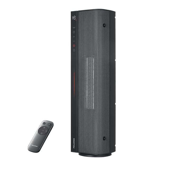 Pelonis 1500W vertical and horizontal ceramic tower space heater in black with perforated metal front grille, LED temperature display, side touch controls, and included remote control, featuring oscillation, three heat settings, ECO mode, and safe portable heating for Canadian rooms.