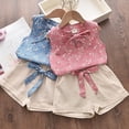 thumbnail image 4 of Little Girls Outfits Set Sleeveless Bow Tie Floral Pattern Top Solid Color Pocketed Shorts With Belt Summer Kids Clothing Vêtements Pour Filles Size 6T, 4 of 5