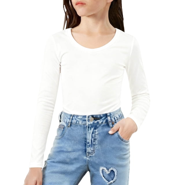 yardsong Girls' Winter Warm Fleece Ribbed Knit Top - Slim Fit Crewneck Base Layer Tee White,8-11Years