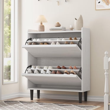 Shoe Cabinet with 2 Flip Drawers, Wooden Hidden Shoe Cabinet with Adjustable Shelf, Freestanding Shoe Organizer Storage for Entryway Hallway, Living Room, White