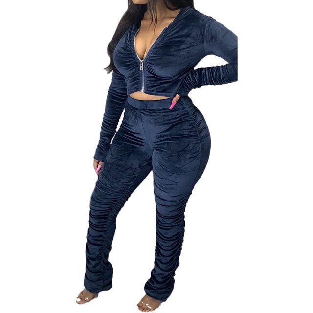 Honganda Slim Pleated Zipper Hooded Top and Pants Two-piece Suit