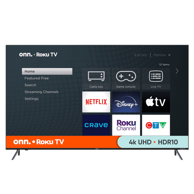 onn. 75" 4K UHD HDR Frameless Roku Smart TV displaying its home screen with streaming apps like Netflix, Disney+, Apple TV, Crave, Roku Channel, and CTV, plus cable box, game console, and live TV inputs, showcasing its smart TV streaming features.