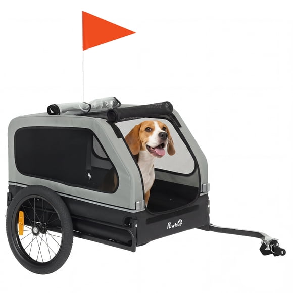 PawHut Dog Bike Trailer, Bicycle Trailer w/ Flip-Down Ramp Tailgate, Grey