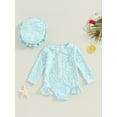 thumbnail image 2 of Sylvamorning Toddler Baby Girls Rash Guard Romper Swimsuit Floral Print Long Sleeve Ruffles Bikini Infant Cute Zipper Bathing Suit with Swim Cap Summer Swimwear 6M-3T, 2 of 8