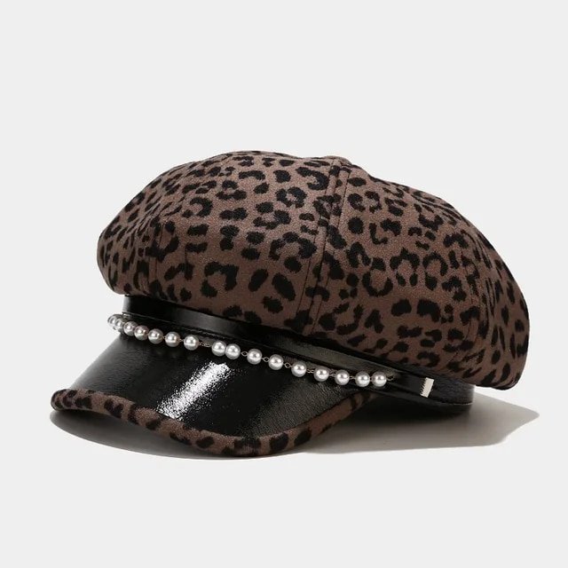LinYooLi Chapeau Militaire Léopard Mode pour Femmes Printemps Automne Chapeaux Marins Bérets Plats Perles Voyage Octogonal Extérieur
