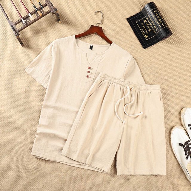 Weiqiqre Men's 2 Piece Outfits Linen Set Short Sleeve Shirt Top and Drawstring Waist Vacation Short Sets