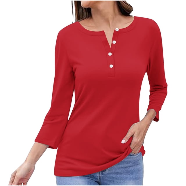 Timegard Tops for Women Long Sleeve Notched V-Neck Button Shirts Solid Color Fall Casual Loose Comfy Tops