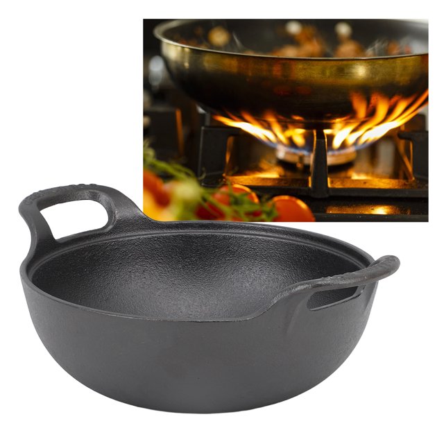 Wok en Fonte, Poêle à Fond Plat avec Couvercle en Bois, Supporte la Chaleur Directe, Casserole à Frire Authentique, Nourriture Asiatique, Poêle à Sauté en Fonte pour Cuire des Soupes et des Ragoûts