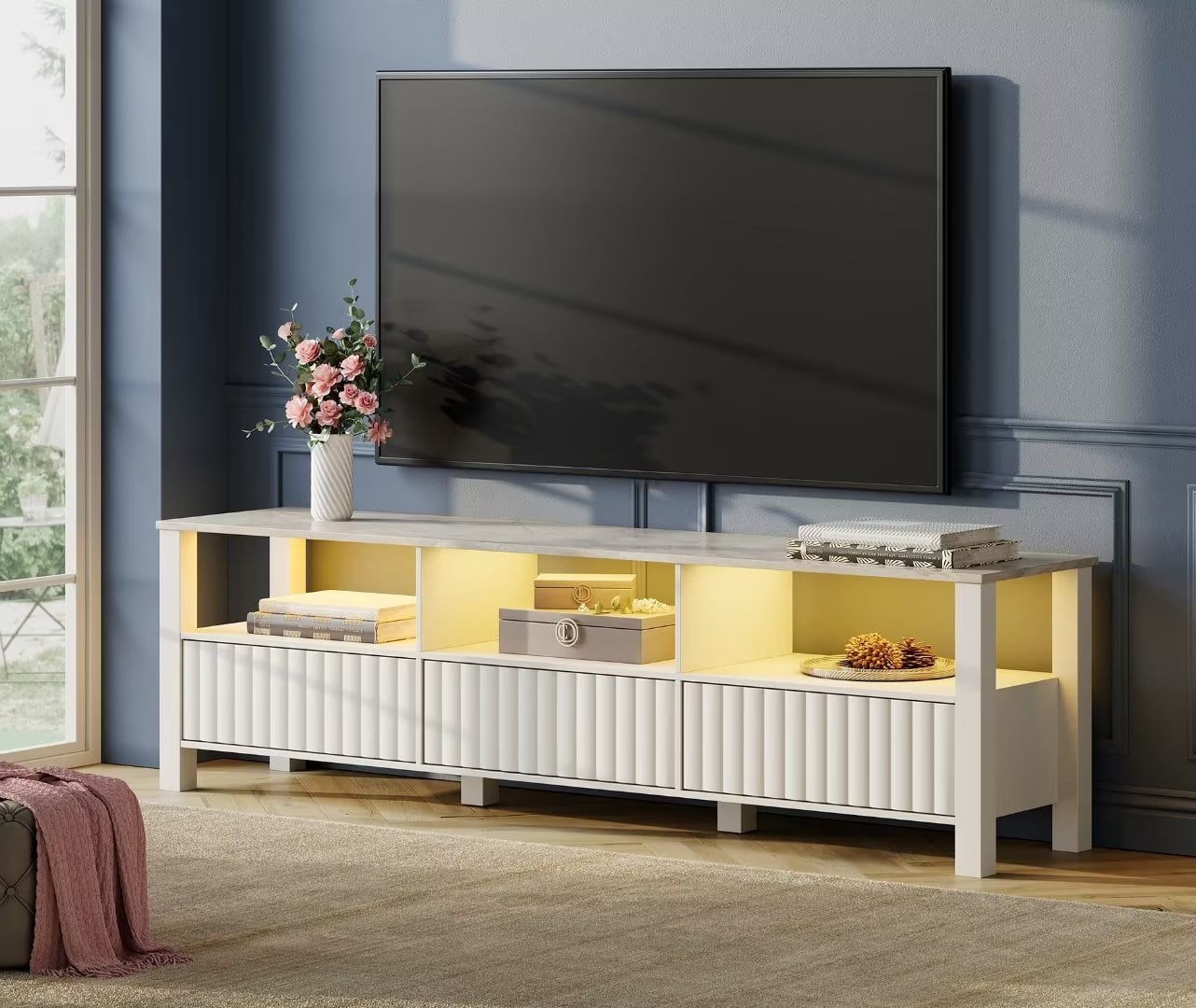 WAMPAT Meuble TV LED pour TV jusqu'à 75 po, Centre de Divertissement Moderne Blanc pour Console TV 80/70/65 po avec 6 Compartiments de Rangement pour Salon Chambre
