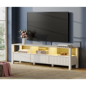WAMPAT LED TV Stand for TVs up to 75 Inch, White Modern Entertainment Center for 80/70/65 inch TV Console Table with 6 Cubby Storage for Living Room Bedroom