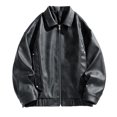 thumbnail image 1 of Pisexur Leather Jacket Men Man Solid Color Leisure Time Zipper Pocket Flip Collar Long Sleeves Leather Jacket Motorcycle Jacket, 1 of 8