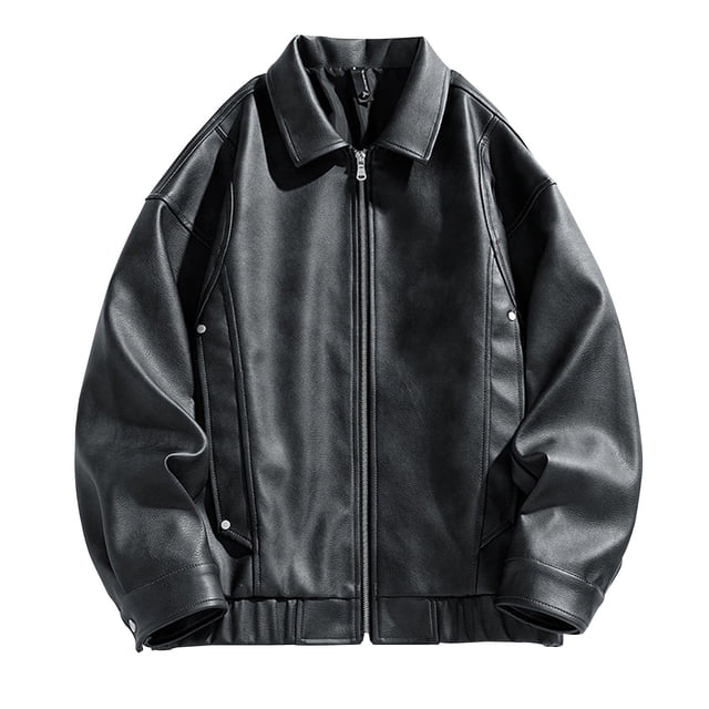Pisexur Leather Jacket Men Man Solid Color Leisure Time Zipper Pocket Flip Collar Long Sleeves Leather Jacket Motorcycle Jacket