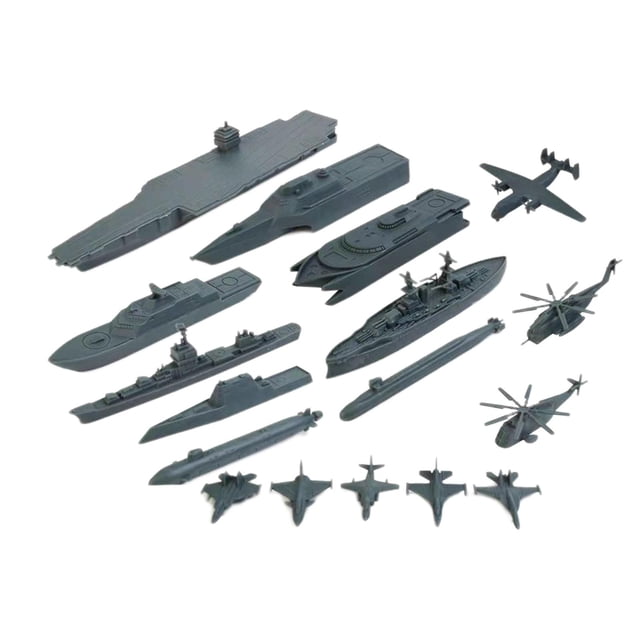 17 Pieces Naval Ship with Small Scale Model Planes for Boys Girls Adult Kids Gray. Includes 7 battleships, 2 nuclear submarines, 5 fighter jets, 1 transporter, and 2 helicopters. This gray toy boat and submarine model set is designed for imaginative play and educational benefits, ideal for hand-eye coordination and understanding vehicles. Ships measure approximately 19cmx4.5cm and 14cmx3.5cm.