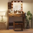 thumbnail image 4 of Vanity Desk with Mirror & Lights, Makeup Table with Charging Station, 3-Color LED, Hairdryer Holder & Storage Shelves, Includes Stool, 4 of 8