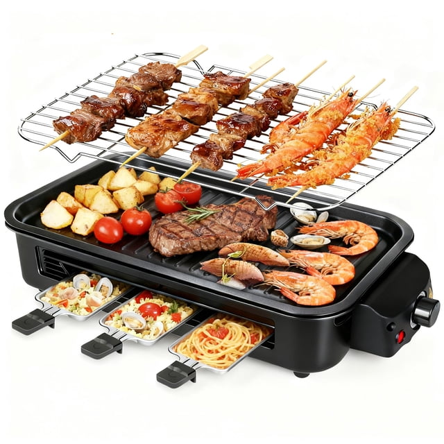 2 in 1 Electric Indoor Grill 1700W - YOHAWJAN Black Smokeless Indoor Grill Pan with Grilling Net & Non-Stick Removable Griddle Pl