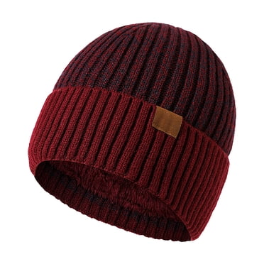 Liquidation! Baberdicy Bonnet d'Hiver Double Couche en Laine pour Adulte Nouveau Bonnet Tricoté Chaud en Polaire Rouge