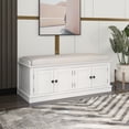 thumbnail image 1 of Banc de Rangement à 2 Niveaux, Banc à Chaussures avec Coussin d'Assise Rembourré, Banc d'Entrée avec 4 Portes de Grange, Tablette Ajustable, 16 Pouces P x 42.7 Pouces L x 17.4 Pouces H, pour Entrée, Salon, Chambre, Blanc, 1 of 9