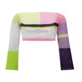 thumbnail image 1 of Women Crochet Knit Crop Tops Long Sleeve Color Block Fit T-Shirts, 1 of 6