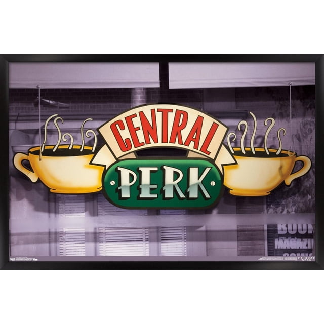 Friends - Central Perk Wall Poster, 22.375" x 34", displaying the Central Perk logo with two steaming yellow coffee cups on each side of a green and cream banner with red and white lettering, printed on glossy poster paper with a black frame, suitable for decorating bedrooms, offices, or dorm rooms.
