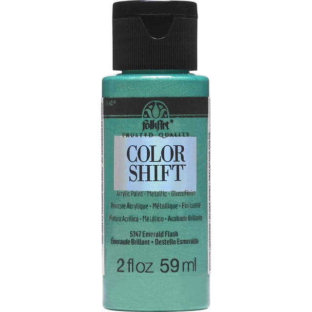FolkArt Color Shift Acrylic Paint 2 fl oz bottle in Emerald Flash with metallic acrylic paint and glossy finish, suitable for craft and art projects, featuring a black flip-top cap and shimmering green-blue color that shifts in changing light.