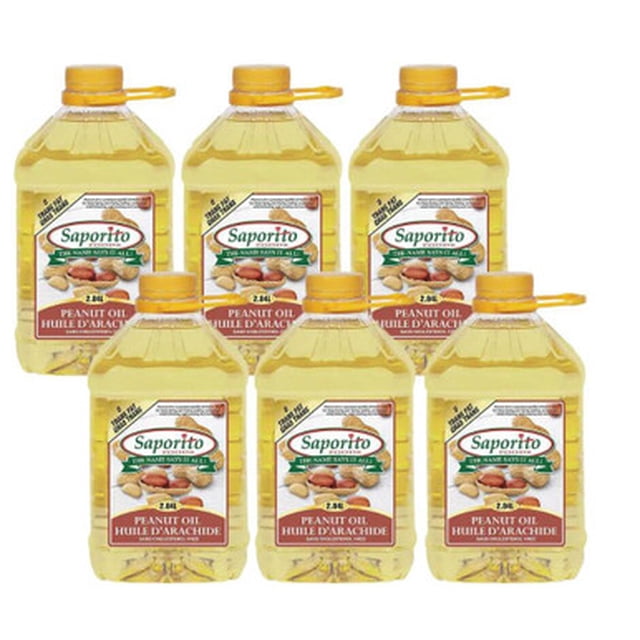 Saporito Peanut Oil Bulk Food Service 2.84L/6.2lbs (6/CASE) displayed in six clear plastic containers with yellow caps and handles. Each container features a label with the Saporito brand logo, product name, and an image of peanuts. The oil is light golden in color, ideal for frying and cooking. The containers are arranged in two rows of three against a white background.