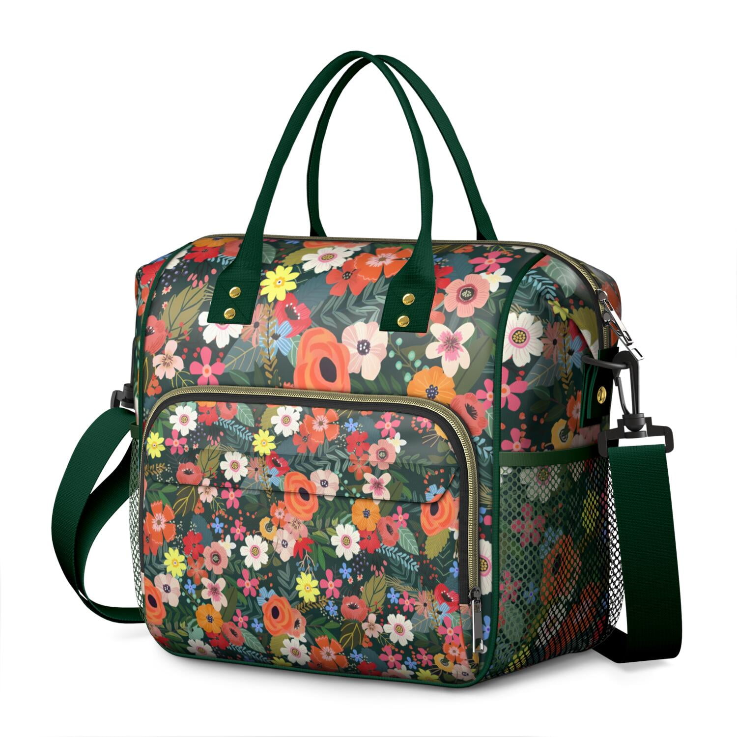 Tropical Flower and Leaves Lunch Bag - Large Insulated & Leakproof Tote, Multi-Pocket Design