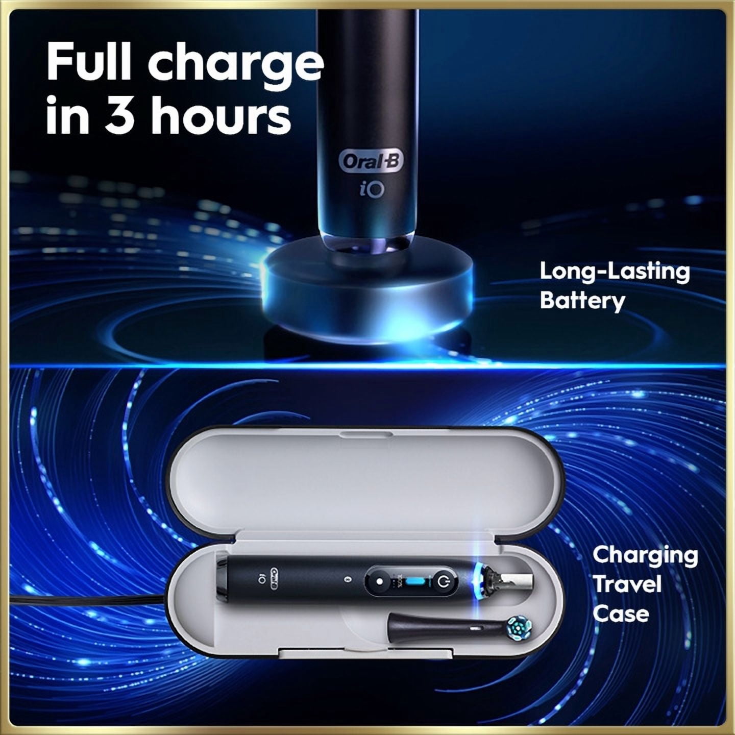Brosse à dents électrique rechargeable Oral-B, iO9 Genius, 7 modes de nettoyage, écran interactif, étui de voyage avec chargeur intégré, détecteur de pression visible, 4 brossettes, bleu saphir