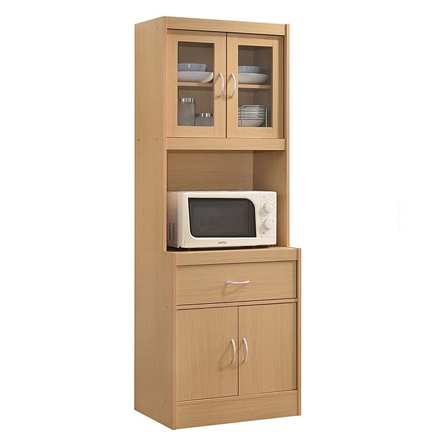Hodedah Armoire de Rangement de Cuisine Autoportante en Beech avec un Espace Ouvert pour un Micro-Ondes. Comprend Deux Portes d'Armoire Transparentes sur le Dessus, un Tiroir Coulissant au Centre et Deux Portes d'Armoire Solides au Bas. les Portes Transparentes Révèlent des Étagères Adaptées pour Exposer la Vaisselle Ou Ranger des Articles. l'Armoire Inférieure Offre un Grand Rangement pour les Petits Appareils Ou les Batteries de Cuisine. Dimensions : 23.85 x 15.75 x 70.86 Pouces.