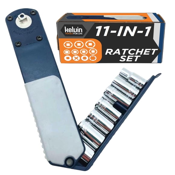 Kelvin Tools PakRatchet: Compact Right-Angled Ratchet Socket and Screwdriver Set - Mini Ratcheting Socket set and Screwdriver, 90 Degree for Tight Spaces, 11 in 1 Impact