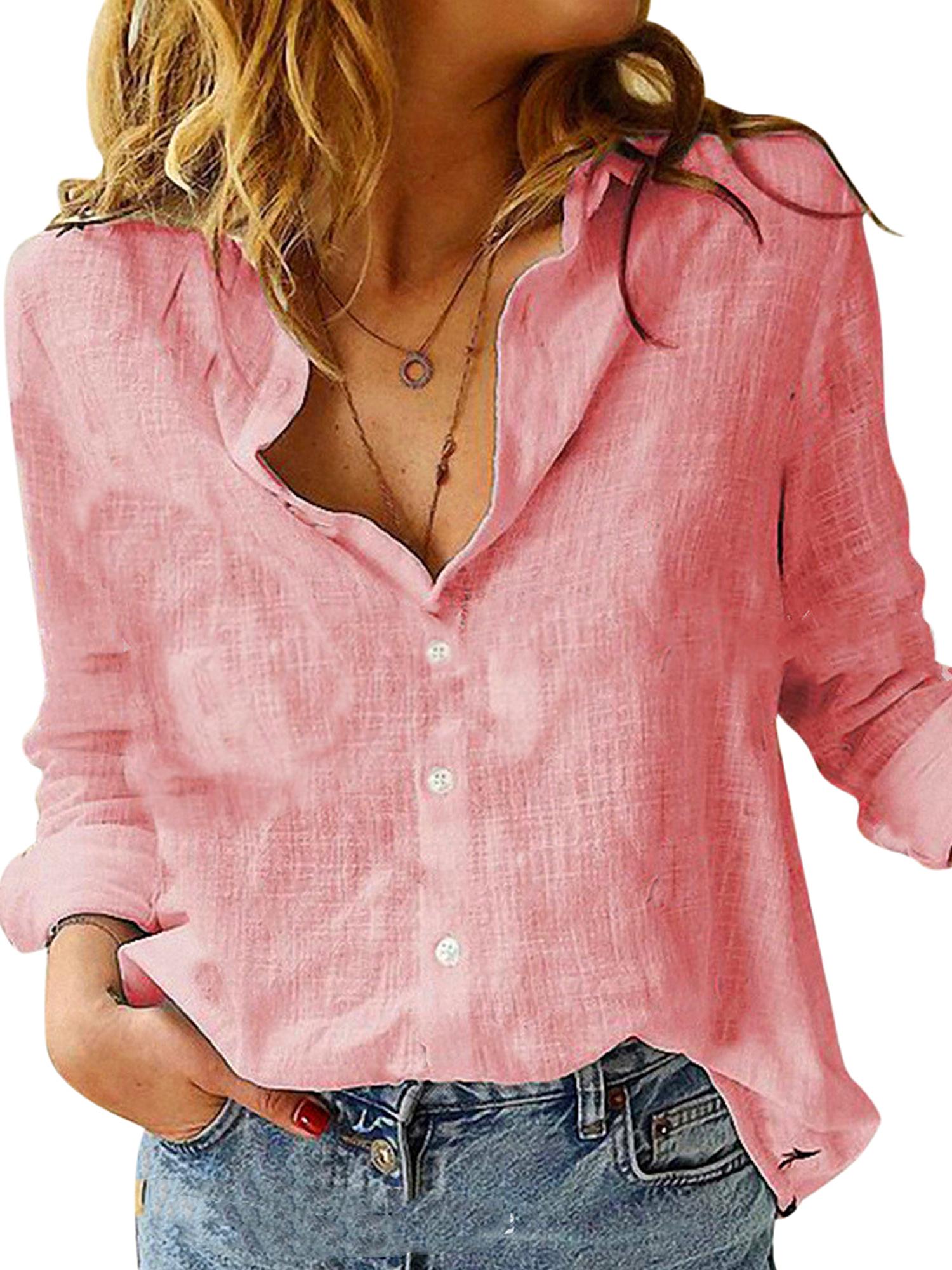 Innerwin Shirts Button Down Ladies Blouse Business Long Sleeve Loose Tops Pink 3XL