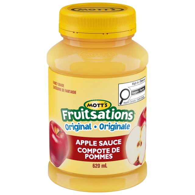 Mott's Fruitsations Original 100% Apple Sauce in a 620 ml yellow plastic jar with a screw-on yellow lid, labeled with red and green text, featuring images of a whole red apple and a sliced apple, and a Health Canada high sugar content warning, suitable as a healthy snack and for baking.