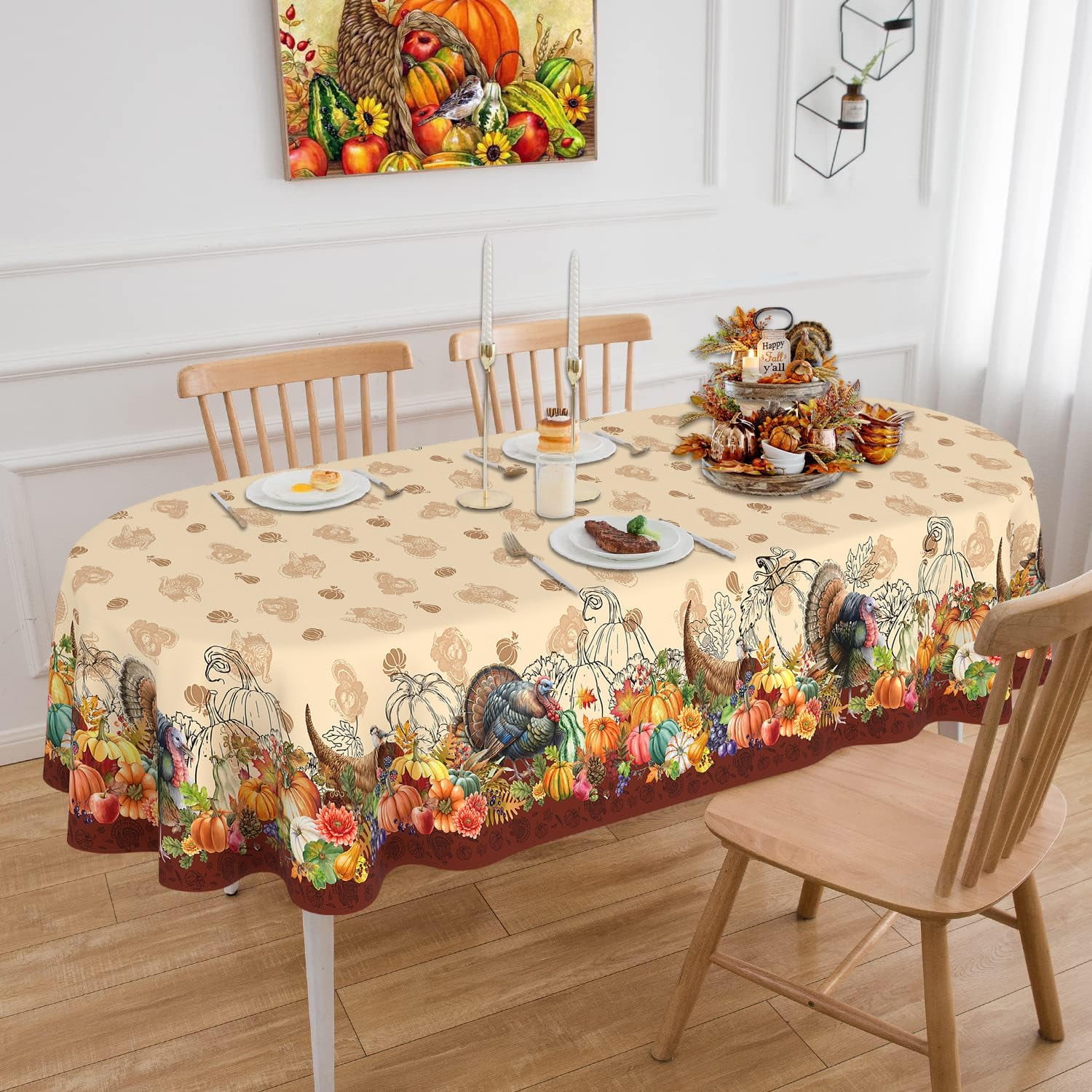 Oval Thanksgiving Tablecloth 60 x 84 Inch, Thanksgiving Turkey Harvest Tablecloth Oval, Thanksgiving Table Cloths Oval, Thanksgiving Oval Table Cloth Decor