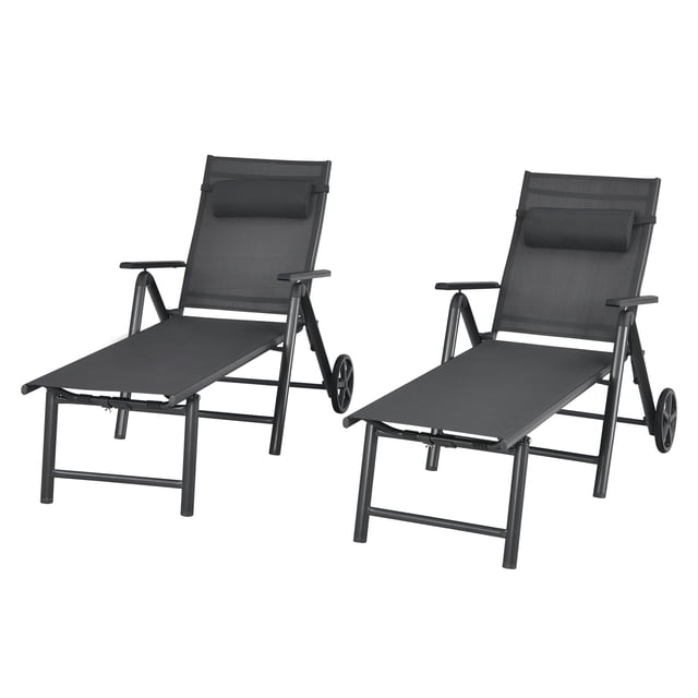 Patiojoy 2 Pcs Chaise Longue Pliante d'Extérieur pour Patio Portable Plus Longue avec Roues et Dossier Réglable