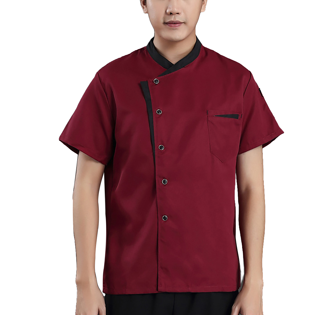 Chef Short Sleeve Breathable Breasted Cooking Clothes Catering Uniform Summer Bakery Unisex Workwear Restaurant Kitchen Red XL