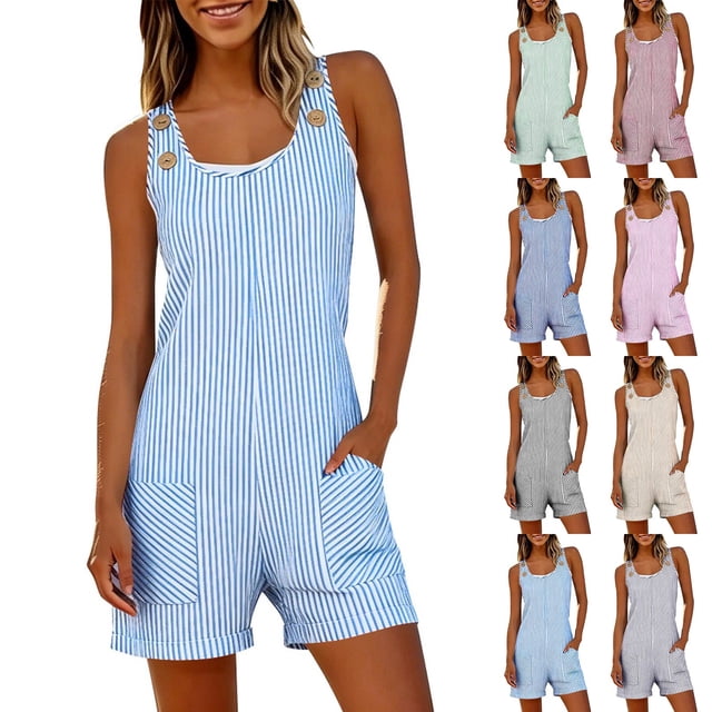 Sentmoon Overall Shorts Sleeveless Womens Rompers Striped Print Button Down Regular Fit Jumpsuit Summer for Business and Casual S-2XL