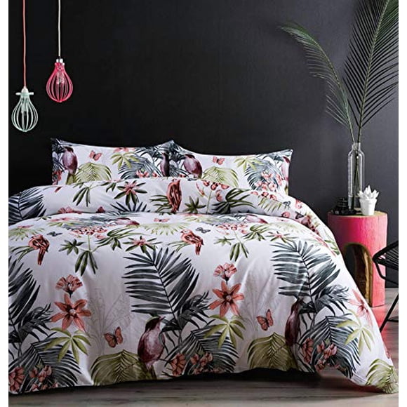Eikei Ensemble Housse de Couette et Taies d'Oreiller Feuilles de Palmier Fleurs d'Île Tropicales Exotiques Arbres Branches Oiseaux Paradis Literie Plantes de Jungle Imprimé Botanique Moderne Coton à Longues Fibres (Blanc, Très Grand)