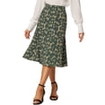 thumbnail image 1 of Unique Bargains Jupe Midi Trapèze pour Femme, Imprimé Feuilles, Vert Foncé, TP, 1 of 6