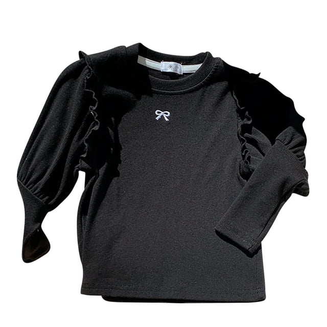 vdgthytj Toddler Baby Girls Long Sleeve Shirts Cute Ruffle Bowknot Embroidered Crew Neck Basic Tops Layering Tees