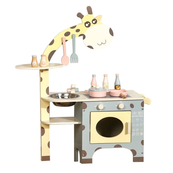 Play Kitchen for Kids Toddlers, Wooden Play Kitchen with Realistic Accessories, Toy Kitchen Set with Plenty of Play Features, Animal Style Toy Kitchen Gift for Girls & Boys