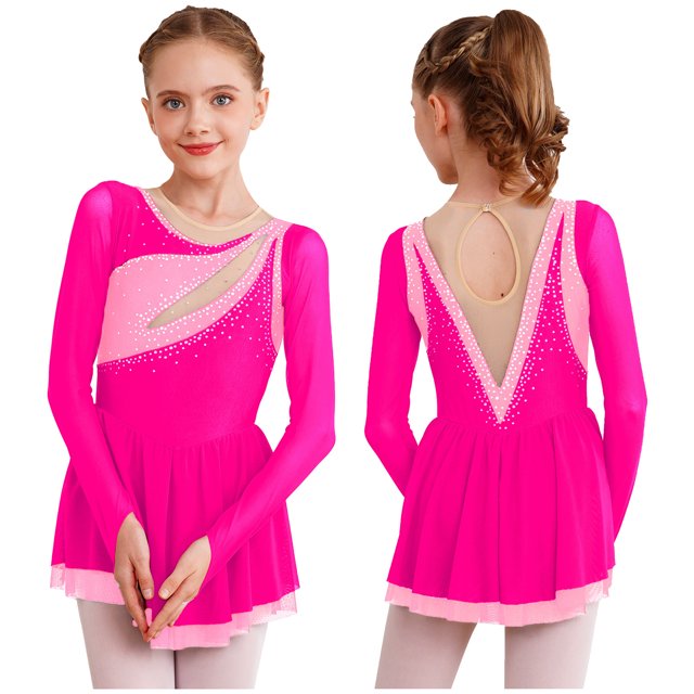 Miaeowve Robe de Patinage Artistique pour Filles, Robe Justaucorps de Ballet de Patinage à Roulettes, Costume de Performance de Danse, Rose Vif 10
