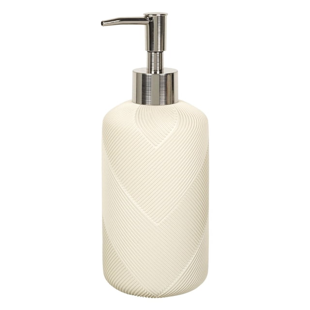 Mainstays Graph Lotion Pump or Soap Dispenser in tan with a ribbed geometric pattern on a durable resin cylindrical body and silver pump top, suitable for bathroom countertop use and easy refilling with lotion or liquid soap.