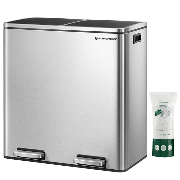SONGMICS HOME Dual Trash Can – 2 x 8 Gal (30 L) Compartments with Airtight Hinged Lids, Removable Inner Buckets, Includes 15 Bags, Silver and Black