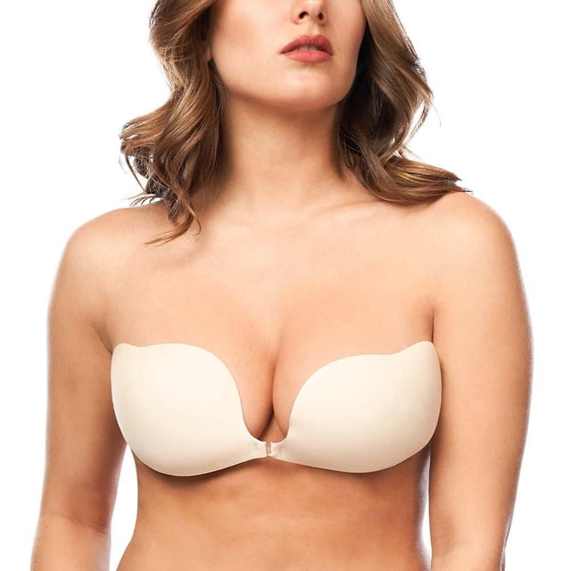 Adhesive Clip Bra in nude beige with seamless, lightweight foam cups featuring silicone gel adhesive and a front metal clasp for lift, shown on a woman’s torso, suitable for backless, strapless, and low-cut clothing.