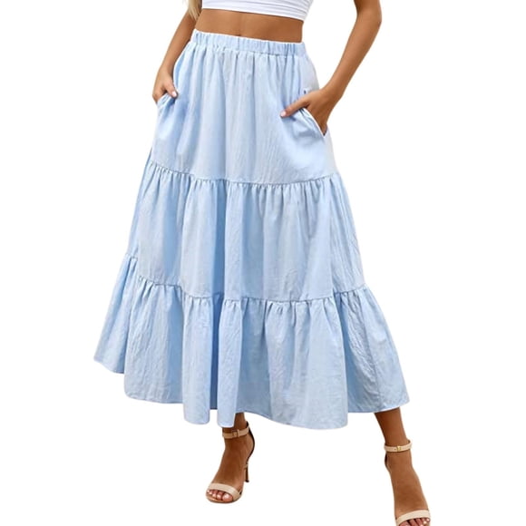 Cottage Bed Skirts Elastic Waist Floral Skirt Light Skirt Girls Woman Skirts Travel plus Size Satin Midi Women's Mid Length With Pockets High Elasticity Waist Flowing Ruffles Casual Summer Blue L